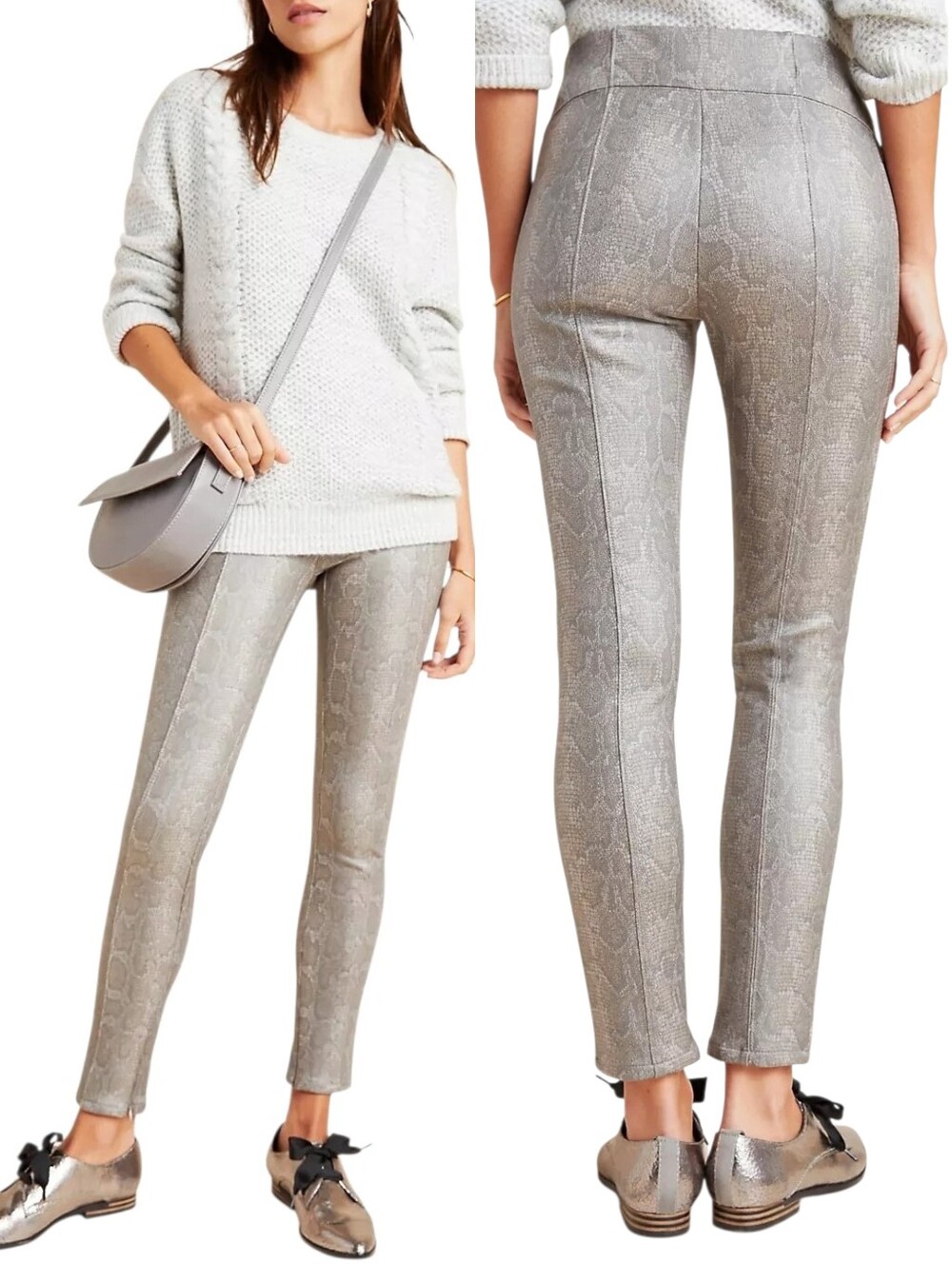 Anthropologie Metallic Snake Print Leggings 27 Olive Tan Seam Ankle Zip Pants